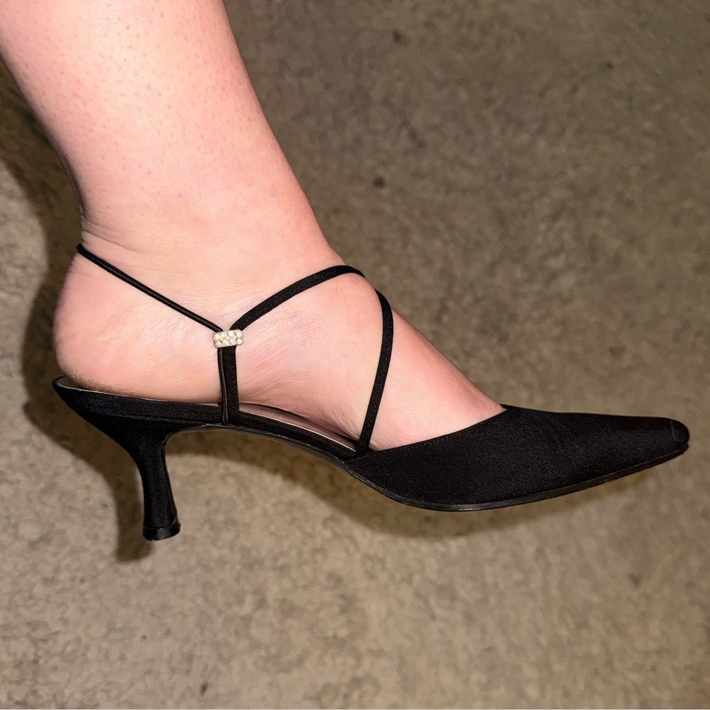 Stuart Weitzman Black Satin Strappy Kitten Heel Pumps